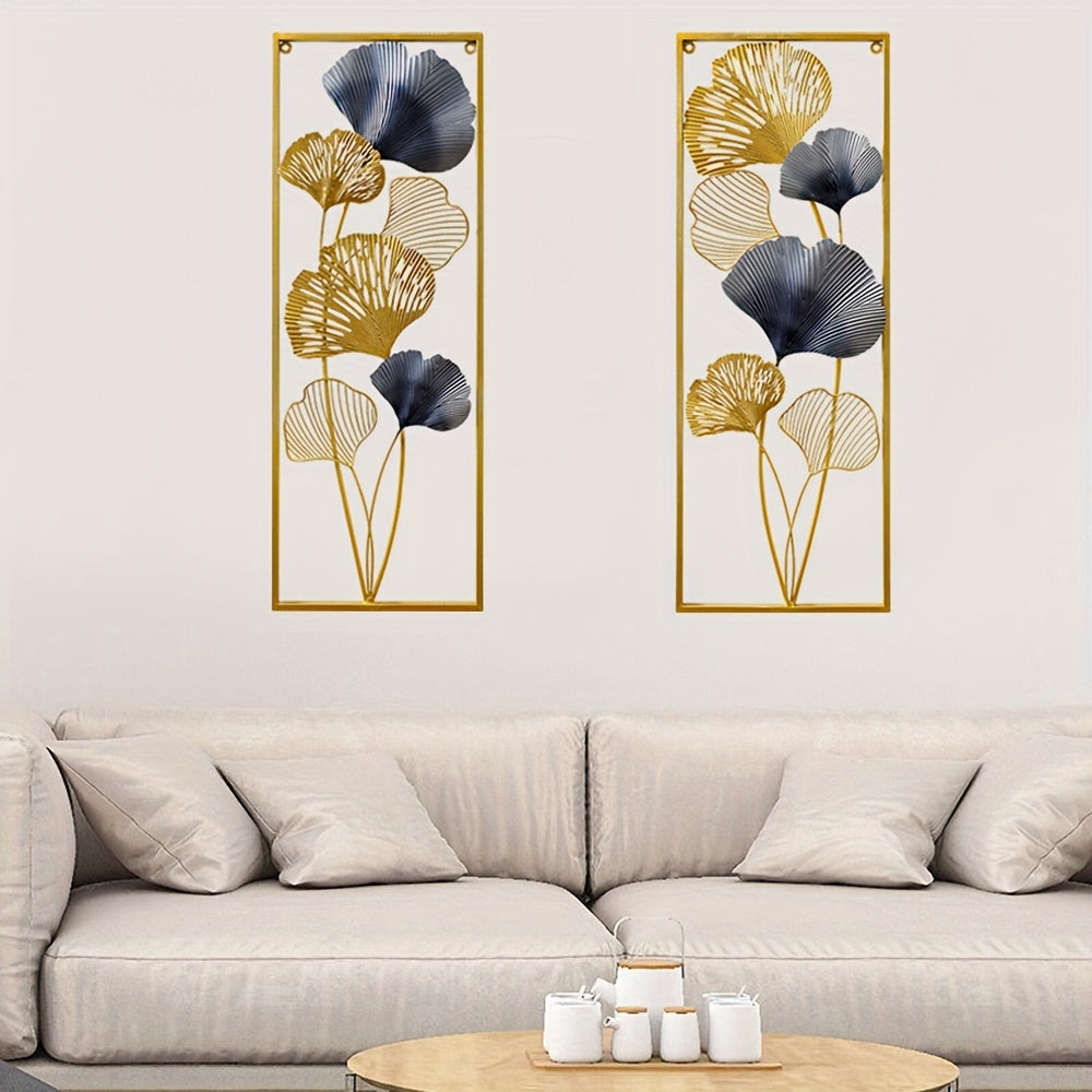 Conjunto 2 Quadros Decorativos em Metal – Folhas de Ginkgo 3D Douradas, 85 × 31 cm