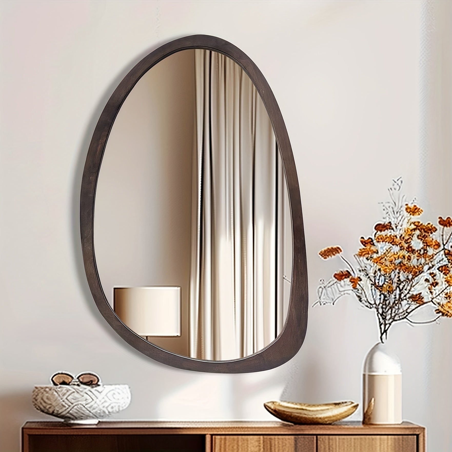 Espelho de Parede Vintage Assimétrico 70x50 cm com Moldura em Madeira de Borracha Maciça