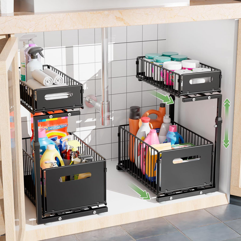 Organizador Deslizante de 2 Níveis para Armários – Aço Carbono Ajustável, Sistema Pull-Out