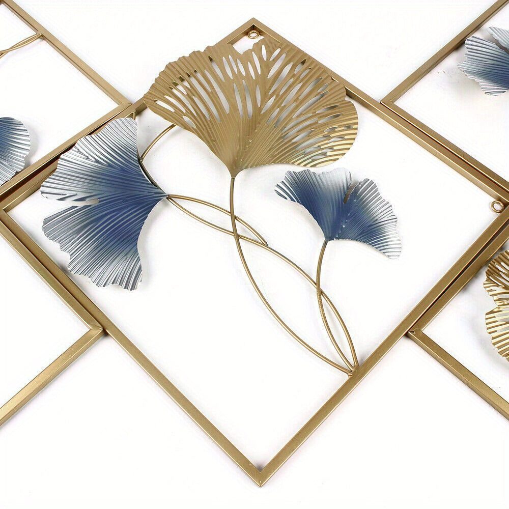 Tríptico de Arte Mural em Metal Folhas Ginkgo Dourado e Azul - 164 cm