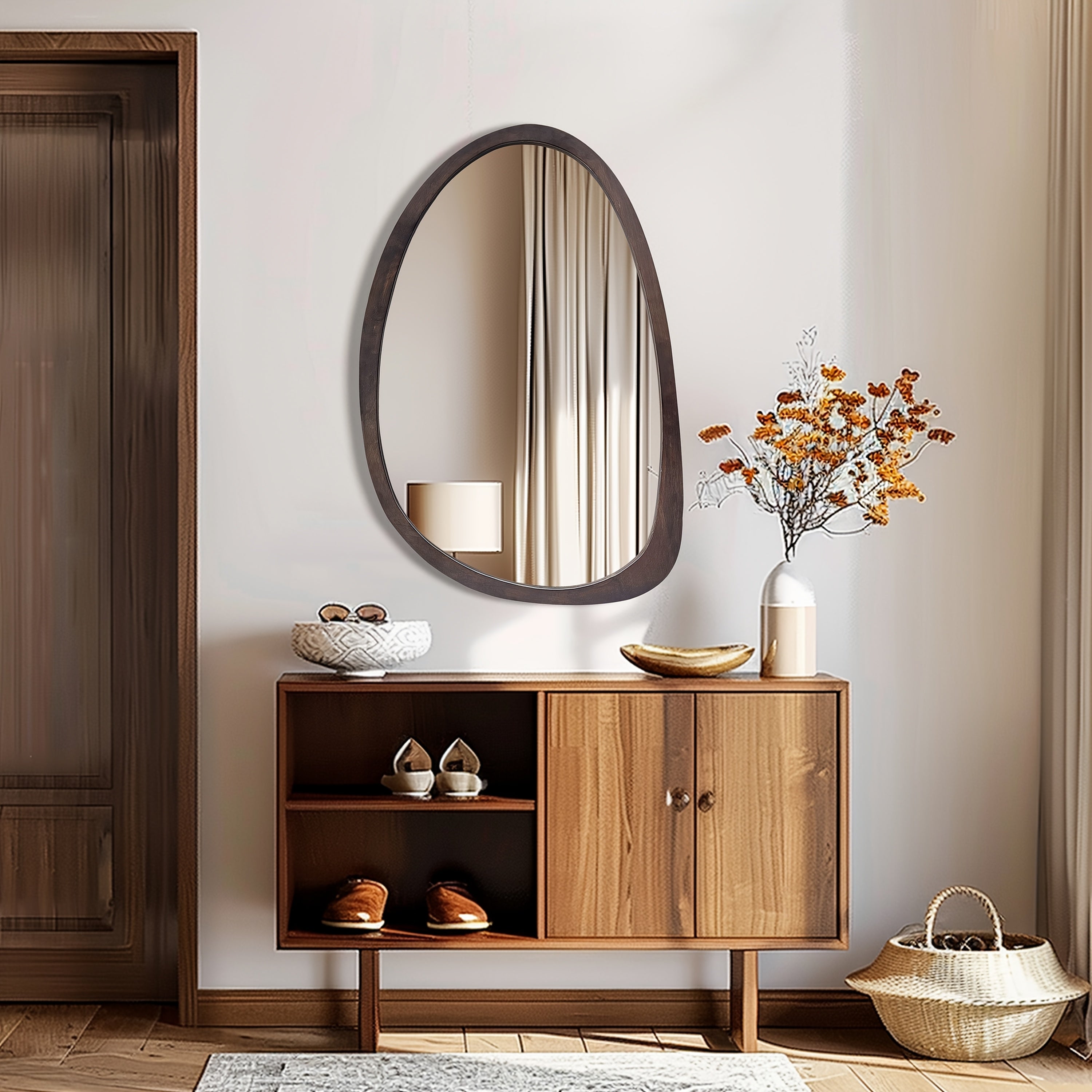 Espelho de Parede Vintage Assimétrico 70x50 cm com Moldura em Madeira de Borracha Maciça