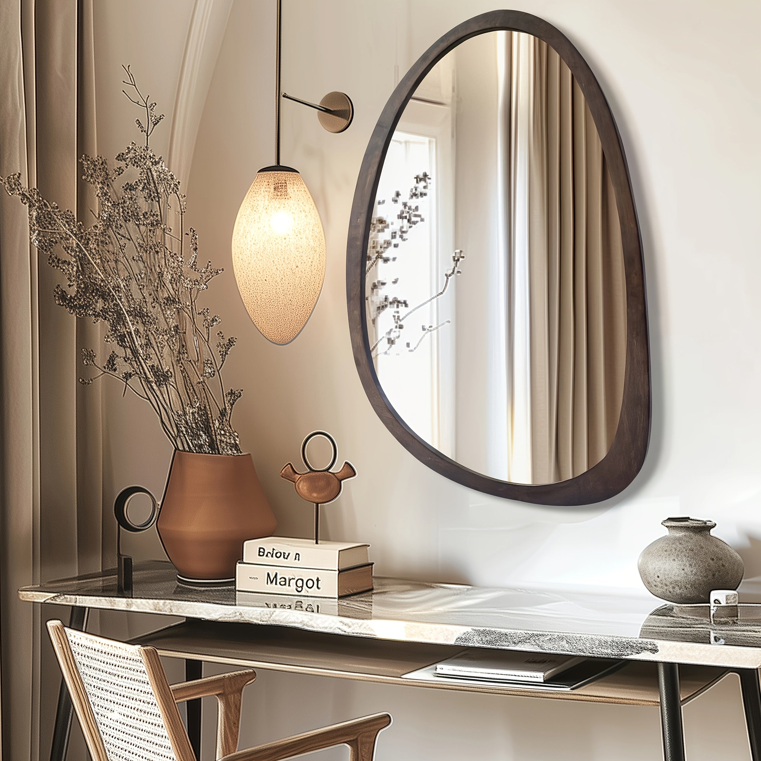 Espelho de Parede Vintage Assimétrico 70x50 cm com Moldura em Madeira de Borracha Maciça