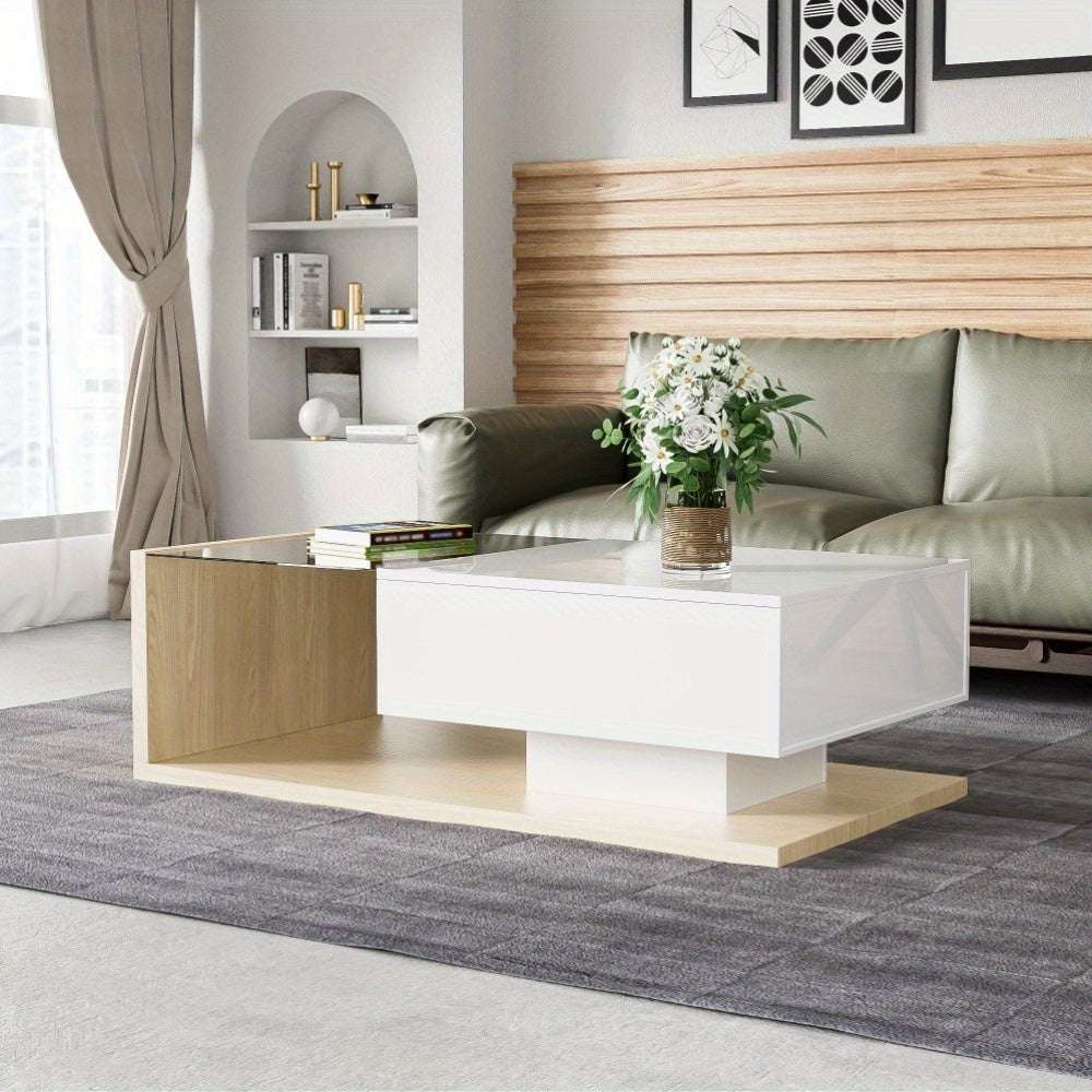 Mesa de Centro Branco Alto Brilho com Detalhe em Madeira e Tampa de Vidro