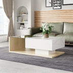 Mesa de Centro Branco Alto Brilho com Detalhe em Madeira e Tampa de Vidro