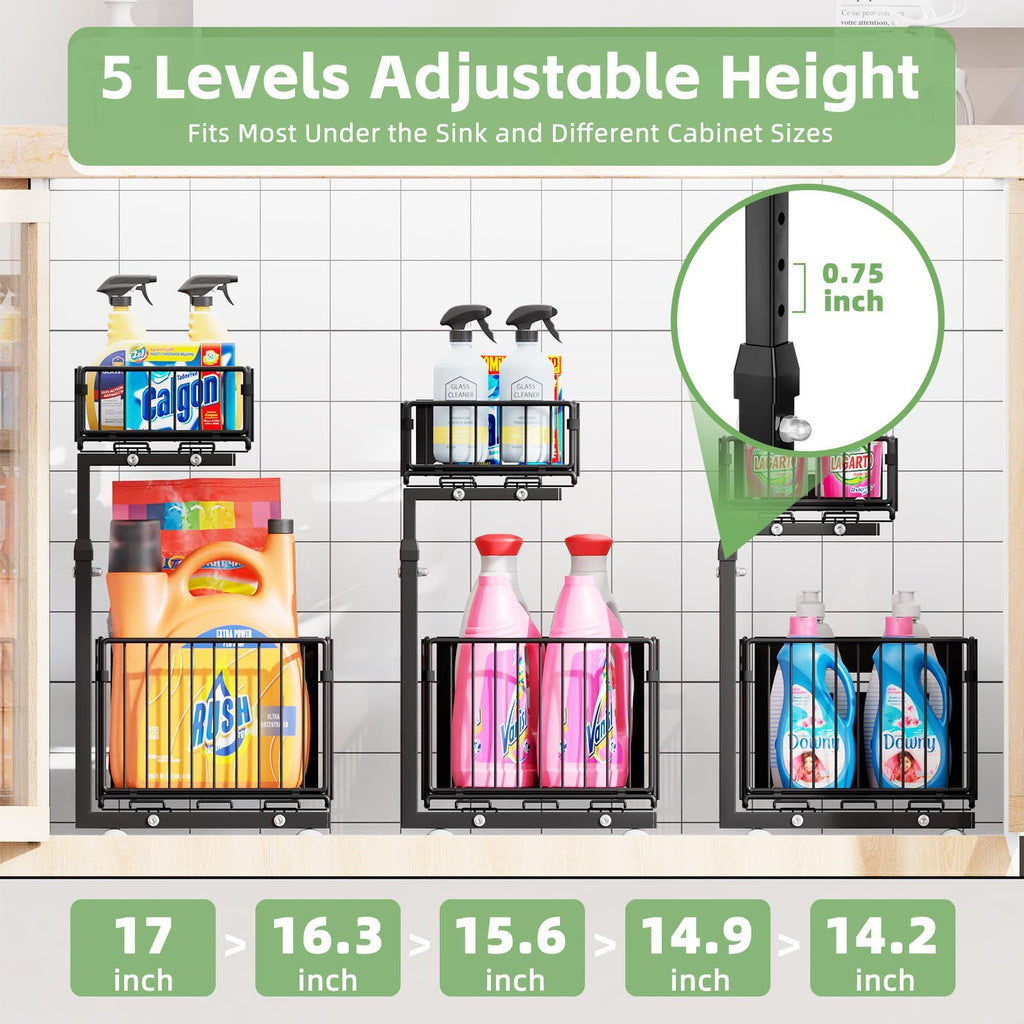 Organizador Deslizante de 2 Níveis para Armários – Aço Carbono Ajustável, Sistema Pull-Out