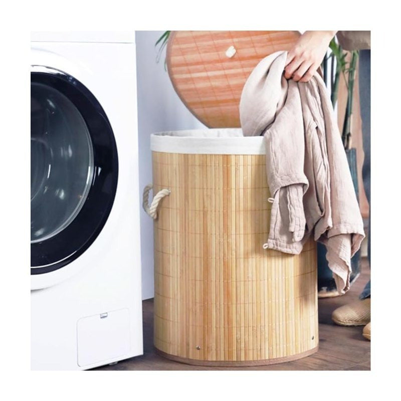 Cesto de Roupa Suja Redondo em Bambu 48L – Cesto Dobrável com Tampa para Quarto e Banheiro