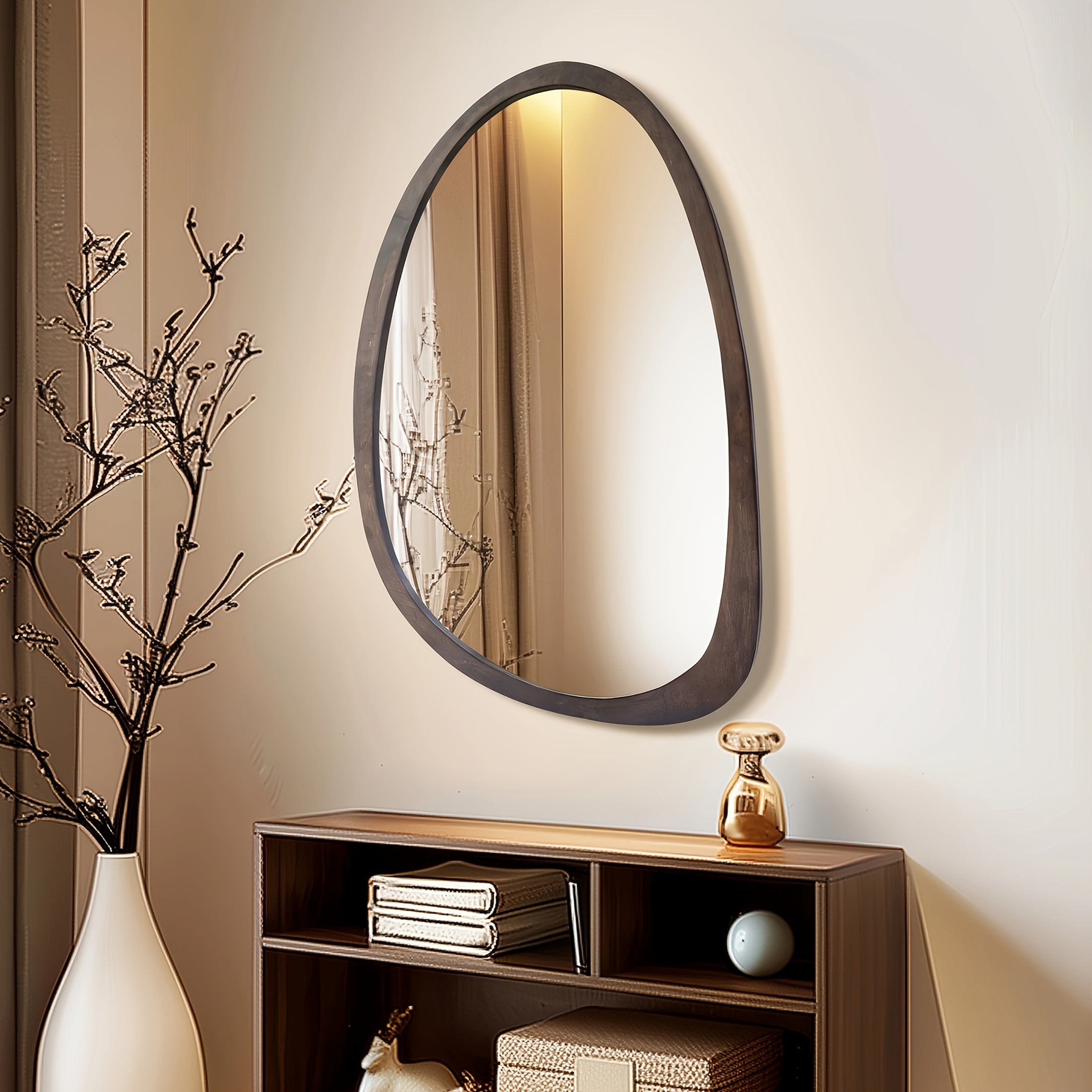 Espelho de Parede Vintage Assimétrico 70x50 cm com Moldura em Madeira de Borracha Maciça