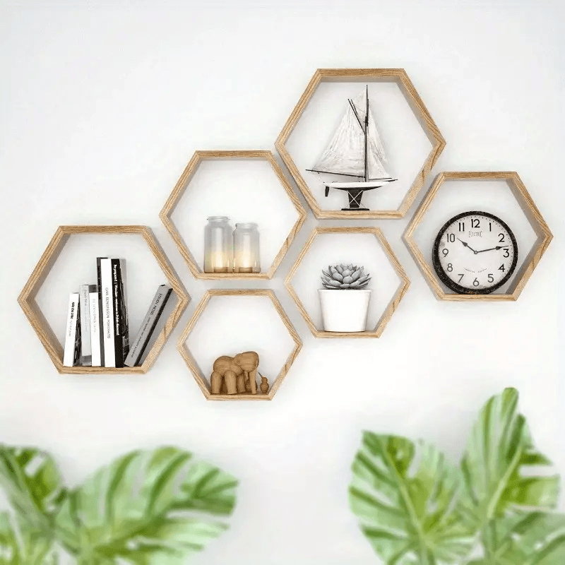 Conjunto de 3 Prateleiras Hexagonais de Parede em Madeira – Estilo Glam para Sala e Decoração Moderna