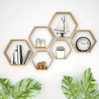 Conjunto de 3 Prateleiras Hexagonais de Parede em Madeira – Estilo Glam para Sala e Decoração Moderna