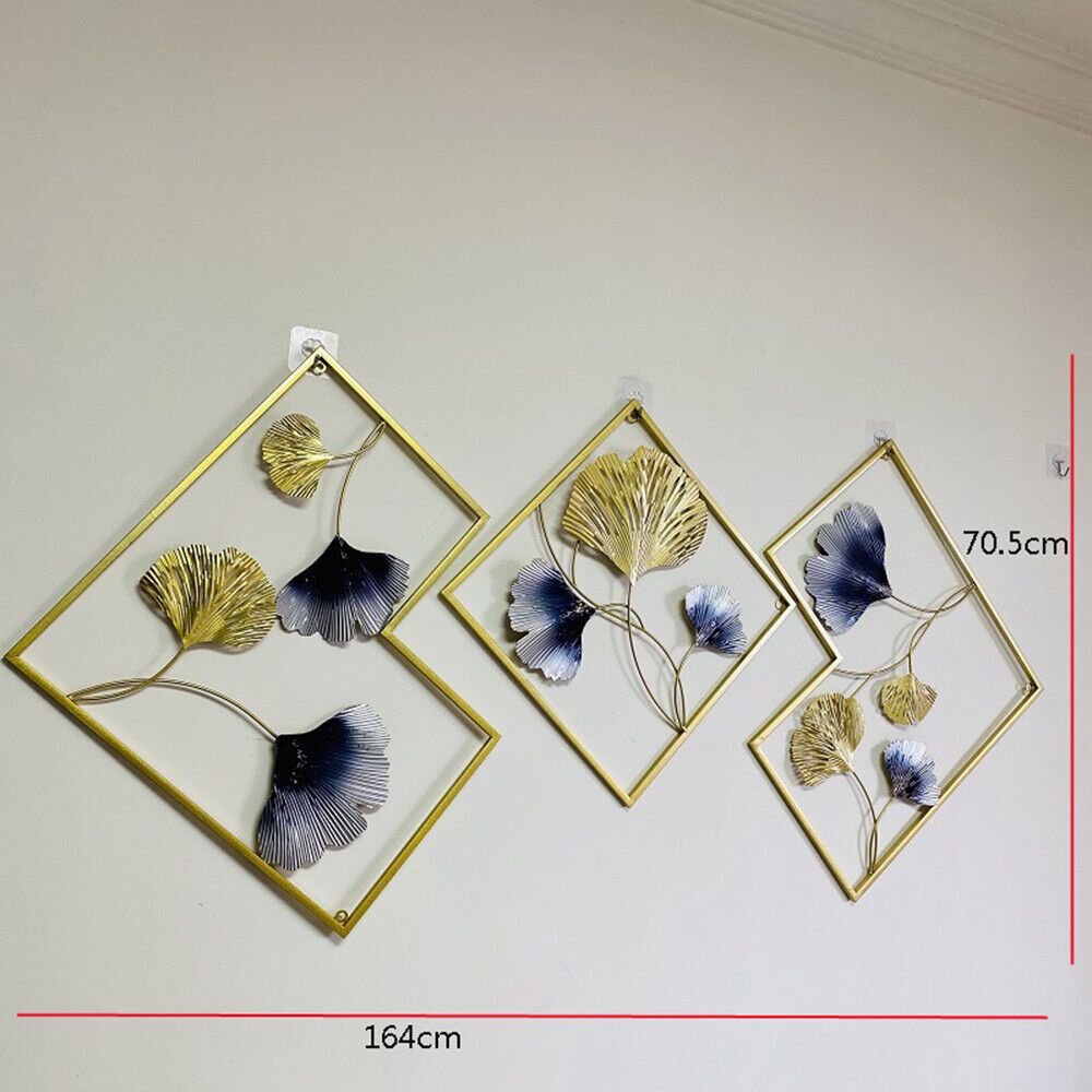 Tríptico de Arte Mural em Metal Folhas Ginkgo Dourado e Azul - 164 cm