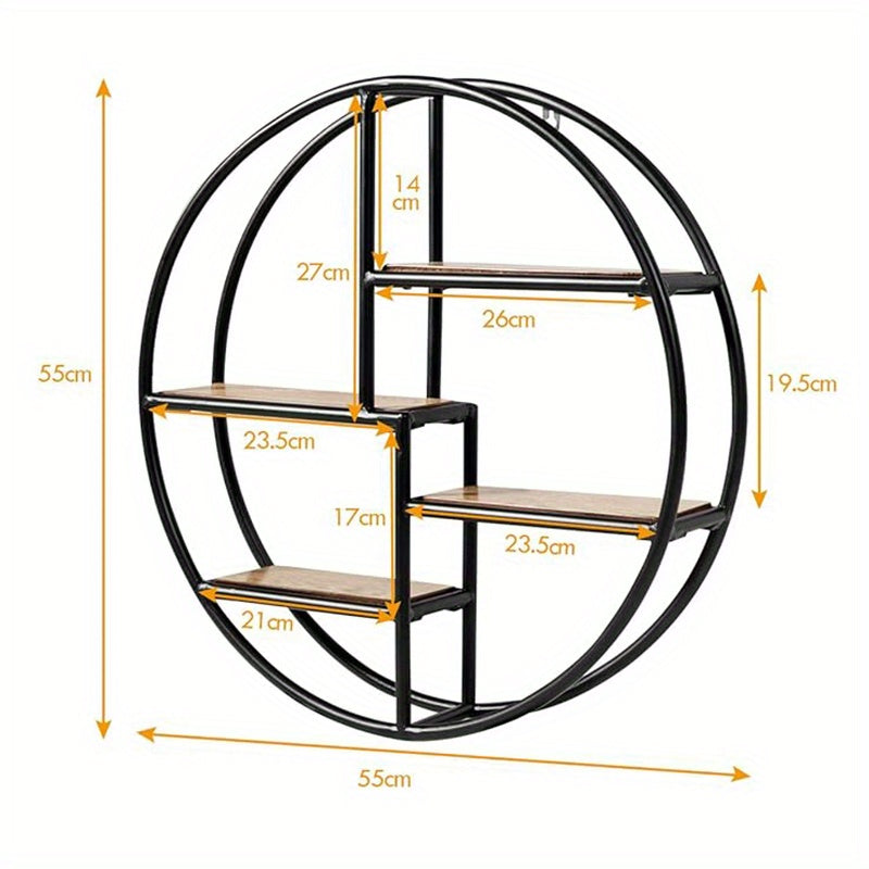 Prateleira Flutuante Redonda Moderna em Metal e Madeira – 4 Níveis