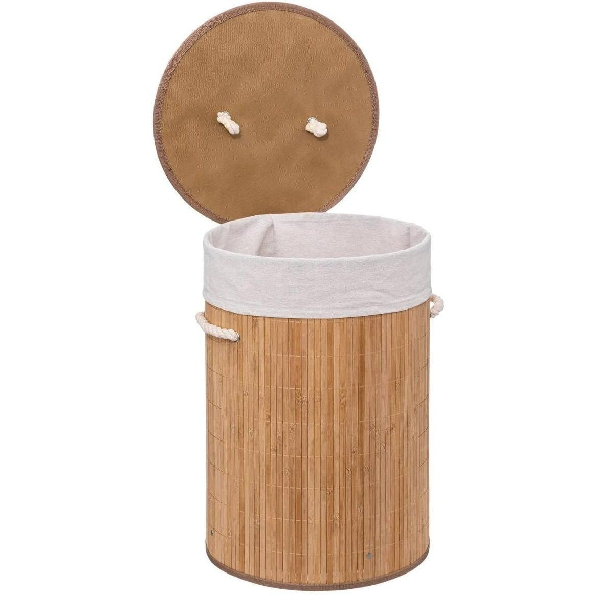 Cesto de Roupa Suja Redondo em Bambu 48L – Cesto Dobrável com Tampa para Quarto e Banheiro