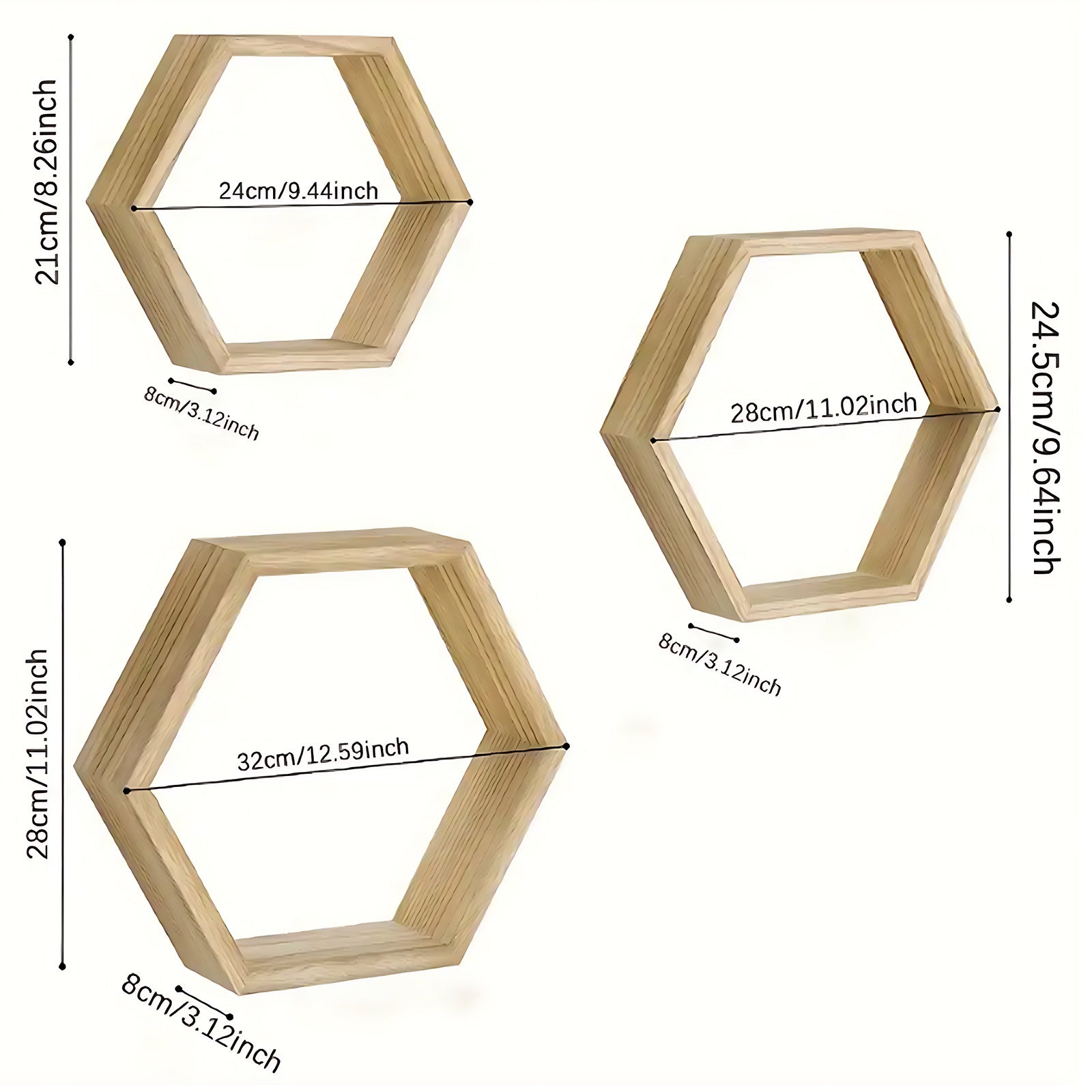 Conjunto de 3 Prateleiras Hexagonais de Parede em Madeira – Estilo Glam para Sala e Decoração Moderna