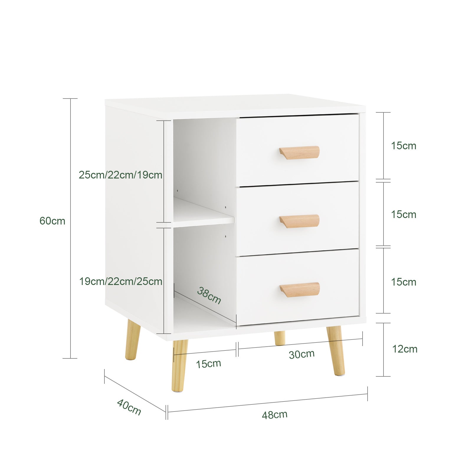 Mesa-de-Cabeceira com 3 Gavetas e 2 Nichos Abertos – Mesa Lateral para Quarto e Sala 48×60×40 cm