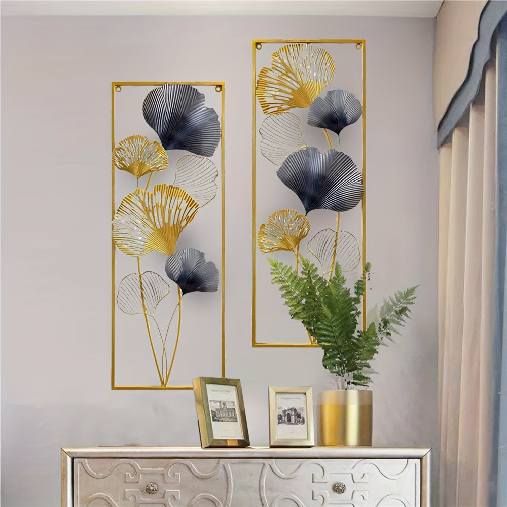 Conjunto 2 Quadros Decorativos em Metal – Folhas de Ginkgo 3D Douradas, 85 × 31 cm