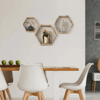 Conjunto de 3 Prateleiras Hexagonais de Parede em Madeira – Estilo Glam para Sala e Decoração Moderna