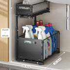 Organizador Deslizante de 2 Níveis para Armários – Aço Carbono Ajustável, Sistema Pull-Out