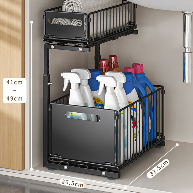 Organizador Deslizante de 2 Níveis para Armários – Aço Carbono Ajustável, Sistema Pull-Out