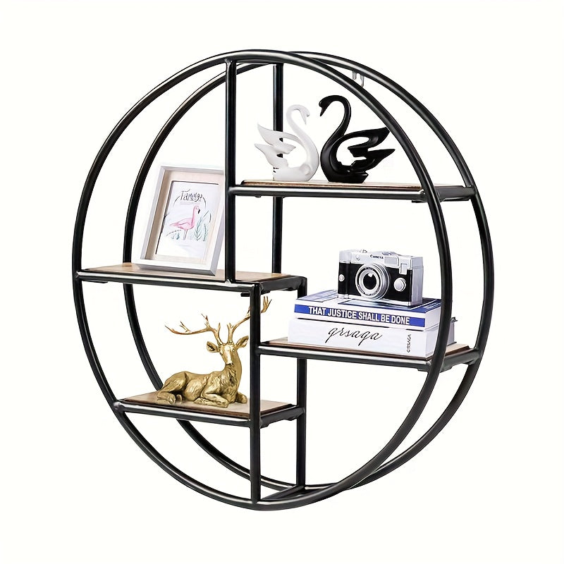 Prateleira Flutuante Redonda Moderna em Metal e Madeira – 4 Níveis