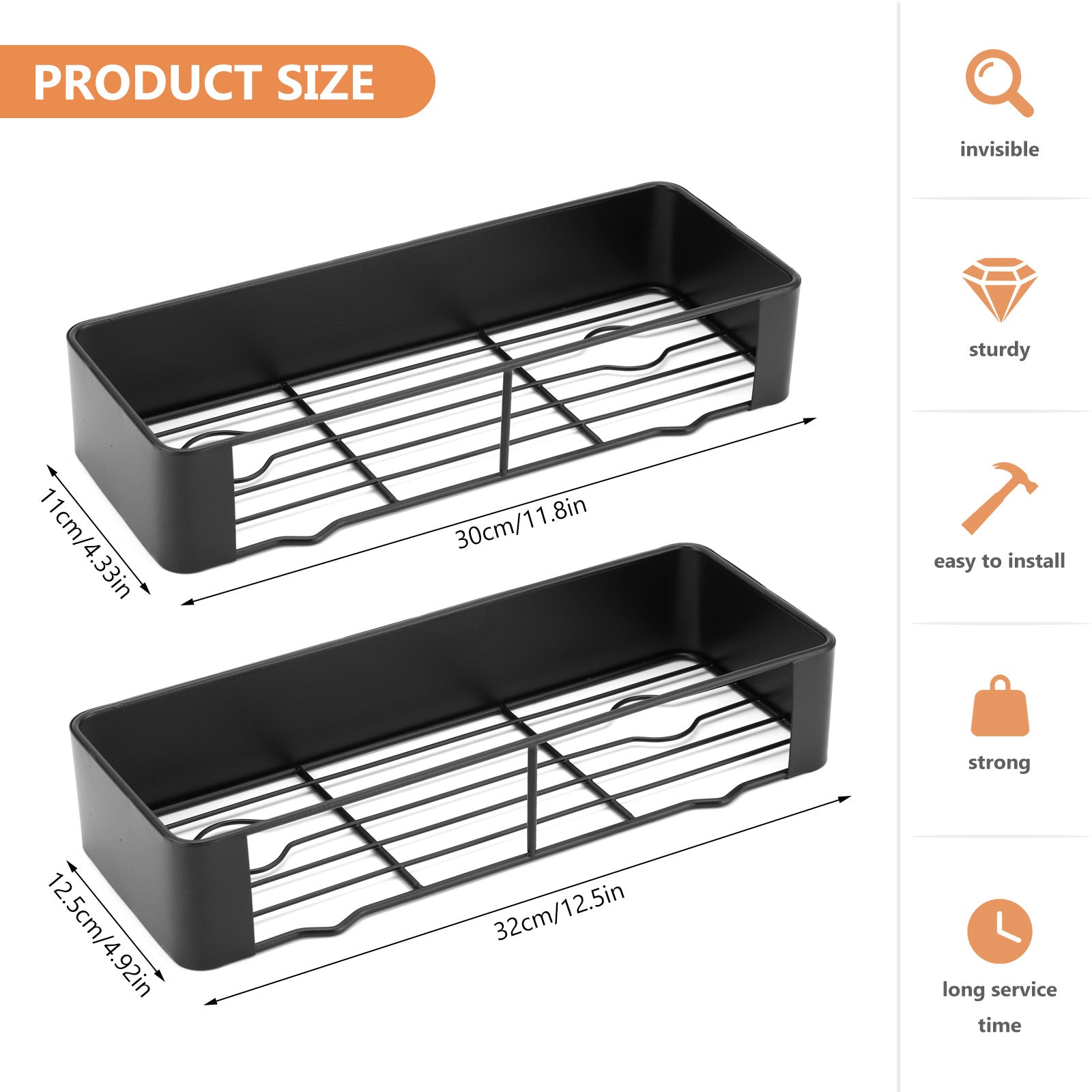 Conjunto Organizador Casa De Banho 2 Prateleiras de Duche Pretas – Alumínio Space, Sem Perfuração, Montagem na Parede