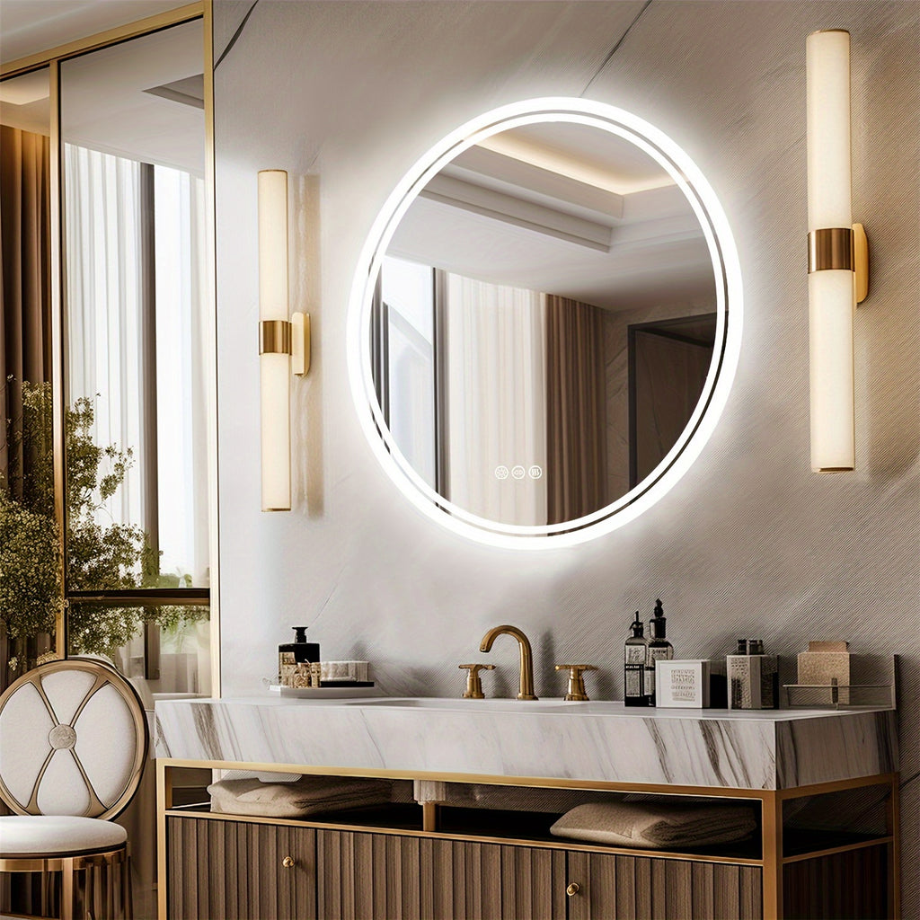 Espelho Redondo de Banheiro com Iluminação LED – Antienbaçamento, 3 Tonalidades de Luz, Memória e Desembaçador Integrado