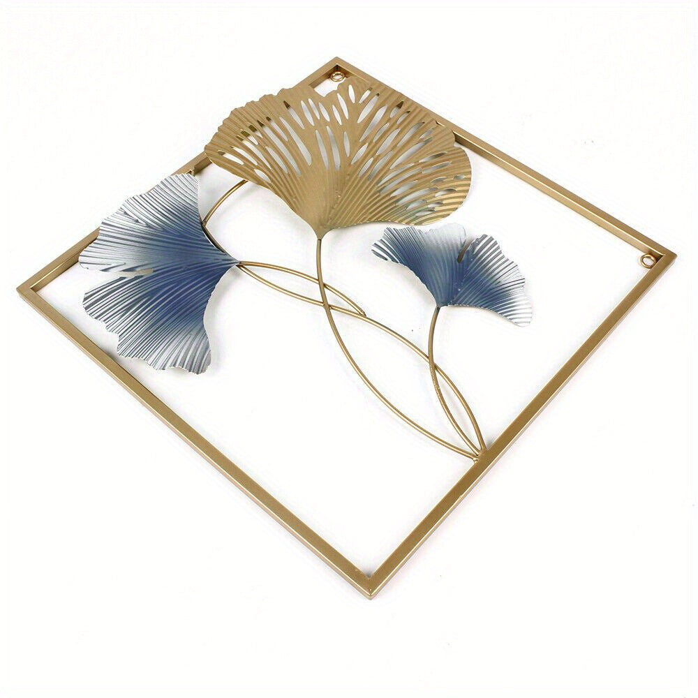 Tríptico de Arte Mural em Metal Folhas Ginkgo Dourado e Azul - 164 cm