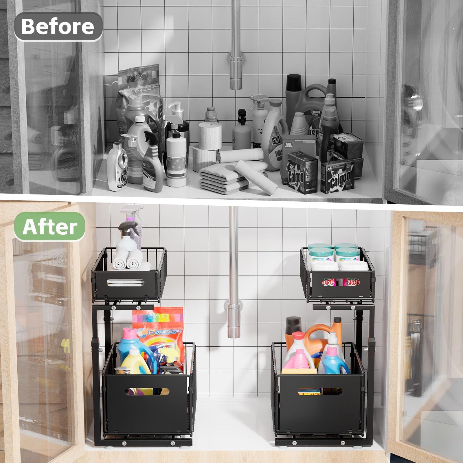 Organizador Deslizante de 2 Níveis para Armários – Aço Carbono Ajustável, Sistema Pull-Out