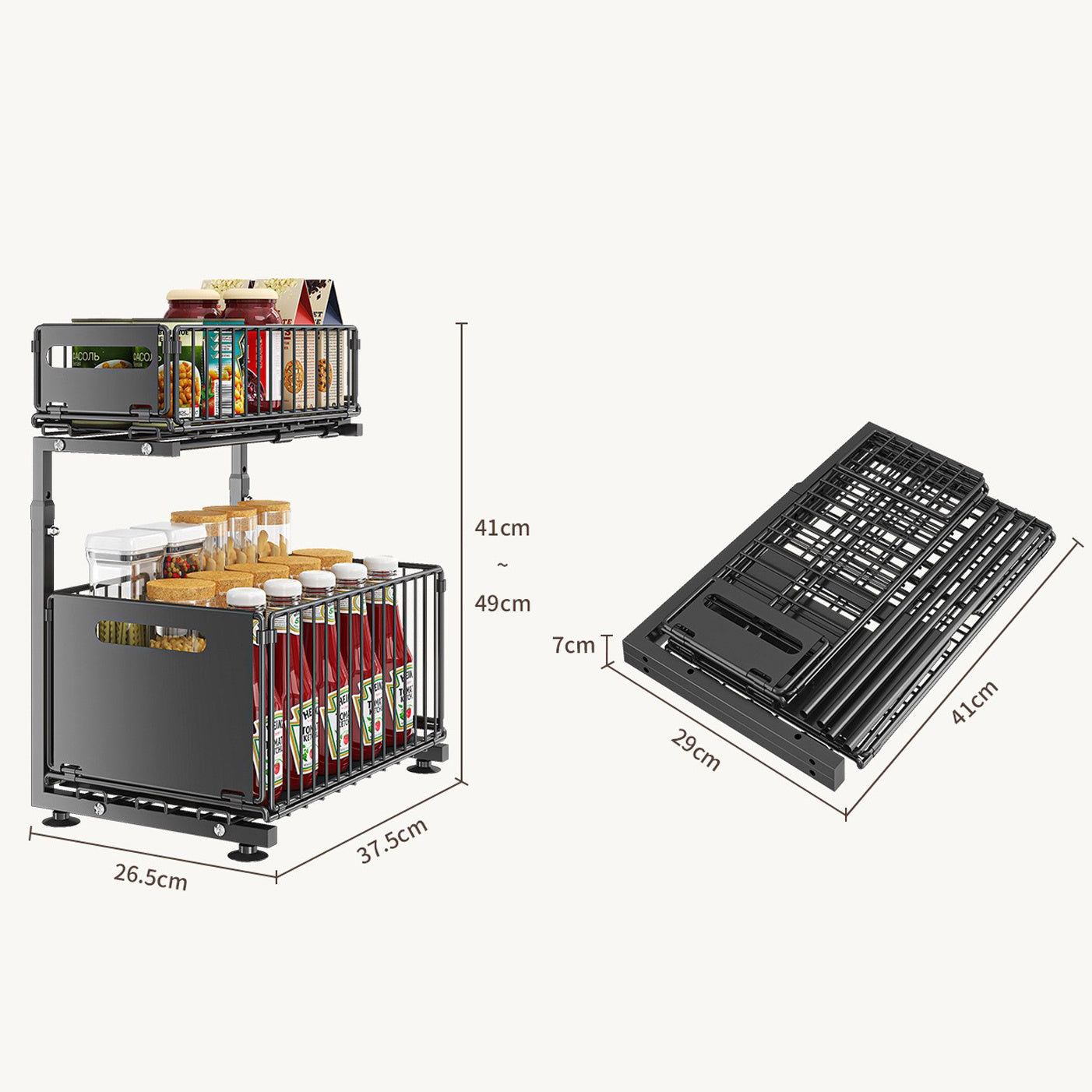Organizador Deslizante de 2 Níveis para Armários – Aço Carbono Ajustável, Sistema Pull-Out