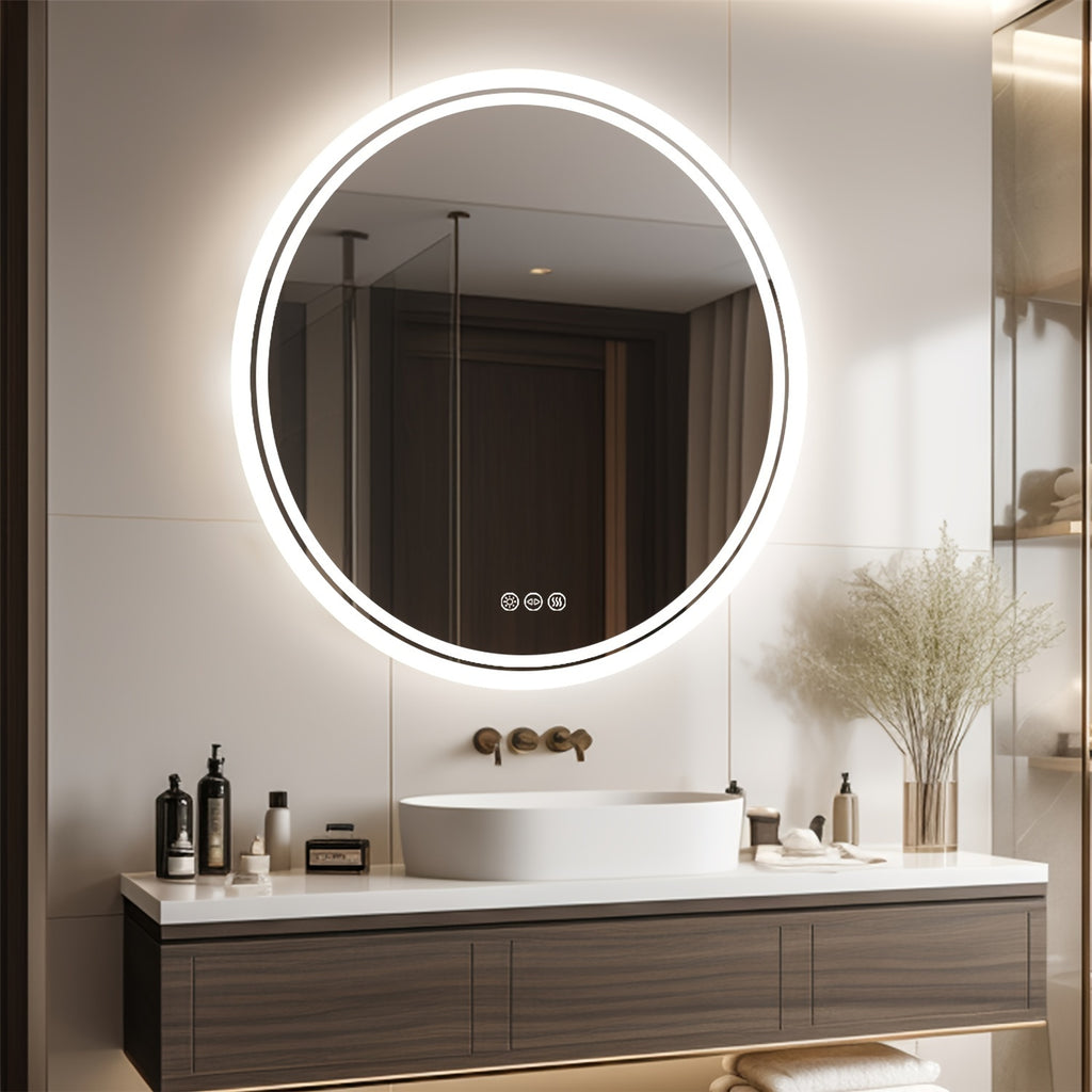 Espelho Redondo de Banheiro com Iluminação LED – Antienbaçamento, 3 Tonalidades de Luz, Memória e Desembaçador Integrado