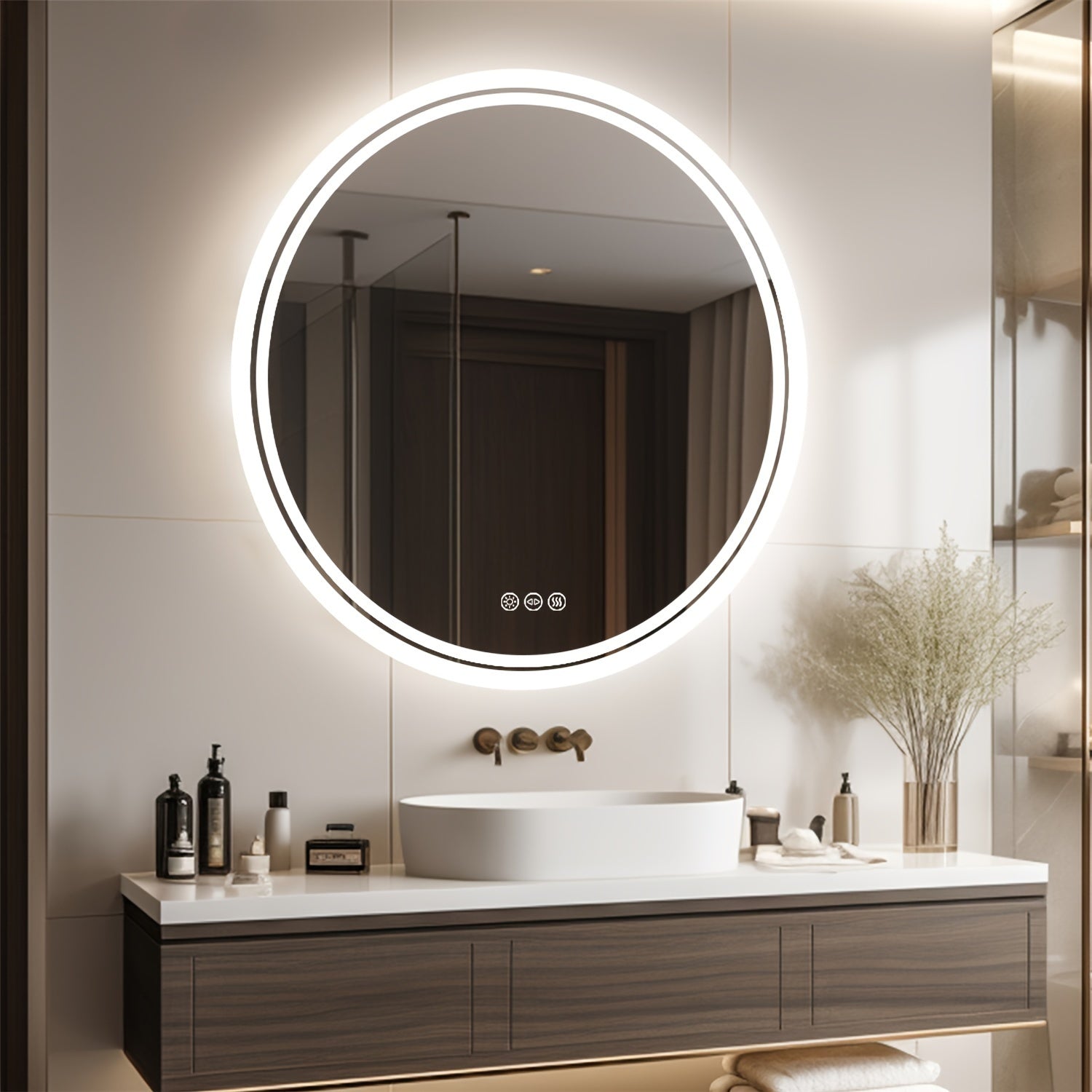 Espelho Redondo de Banheiro com Iluminação LED – Antienbaçamento, 3 Tonalidades de Luz, Memória e Desembaçador Integrado