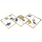Tríptico de Arte Mural em Metal Folhas Ginkgo Dourado e Azul - 164 cm