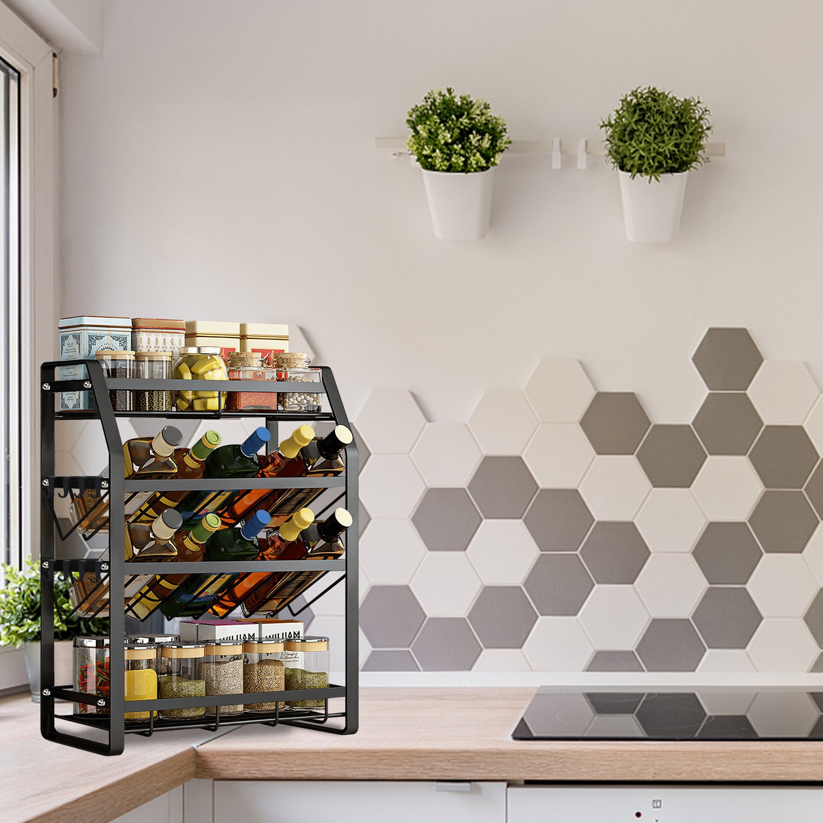 Organizador de Especiarias de Bancada 4 Níveis em Metal Preto