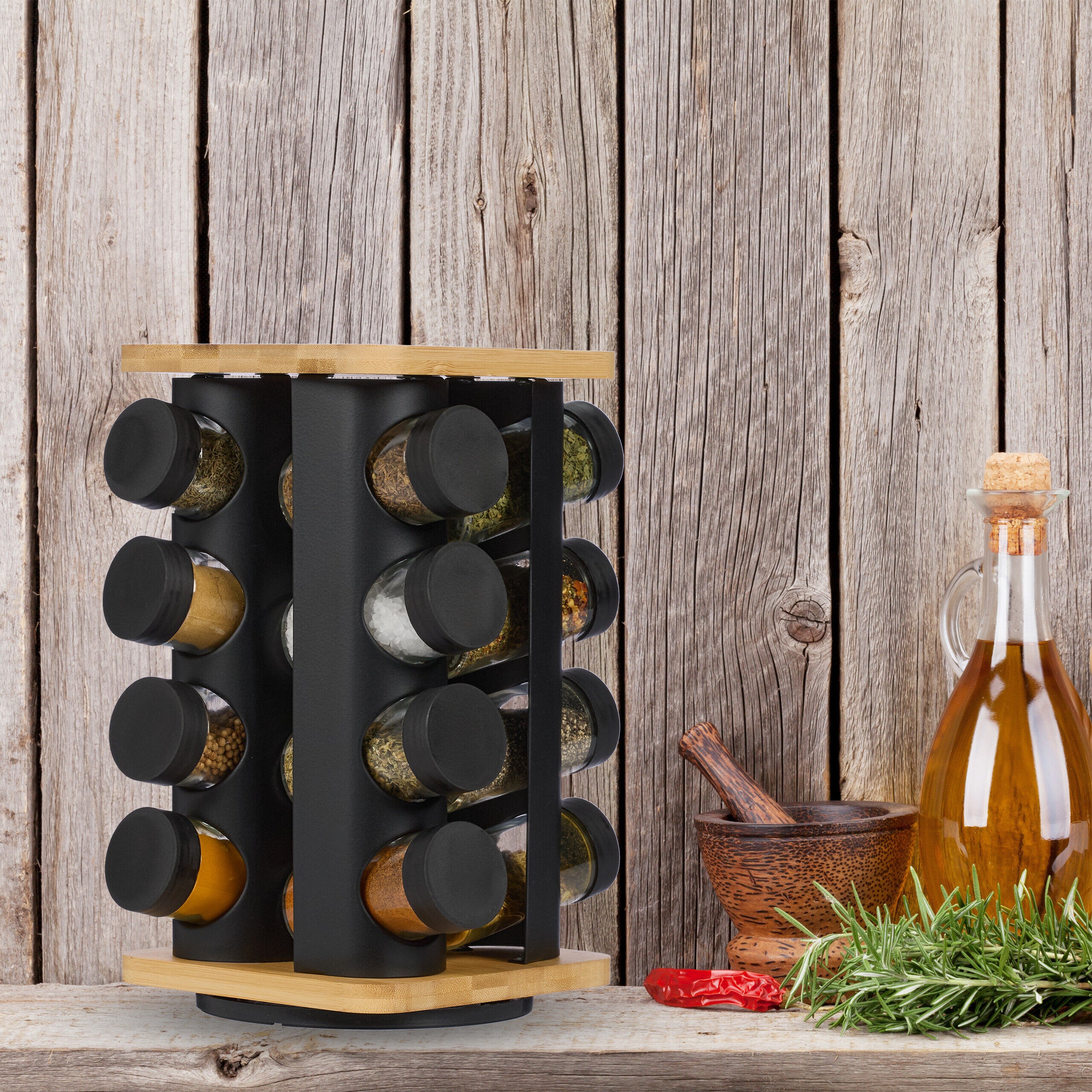 Carrossel de Especiarias em Preto/Natural em Vidro – Organizador Giratório de Temperos para Banca