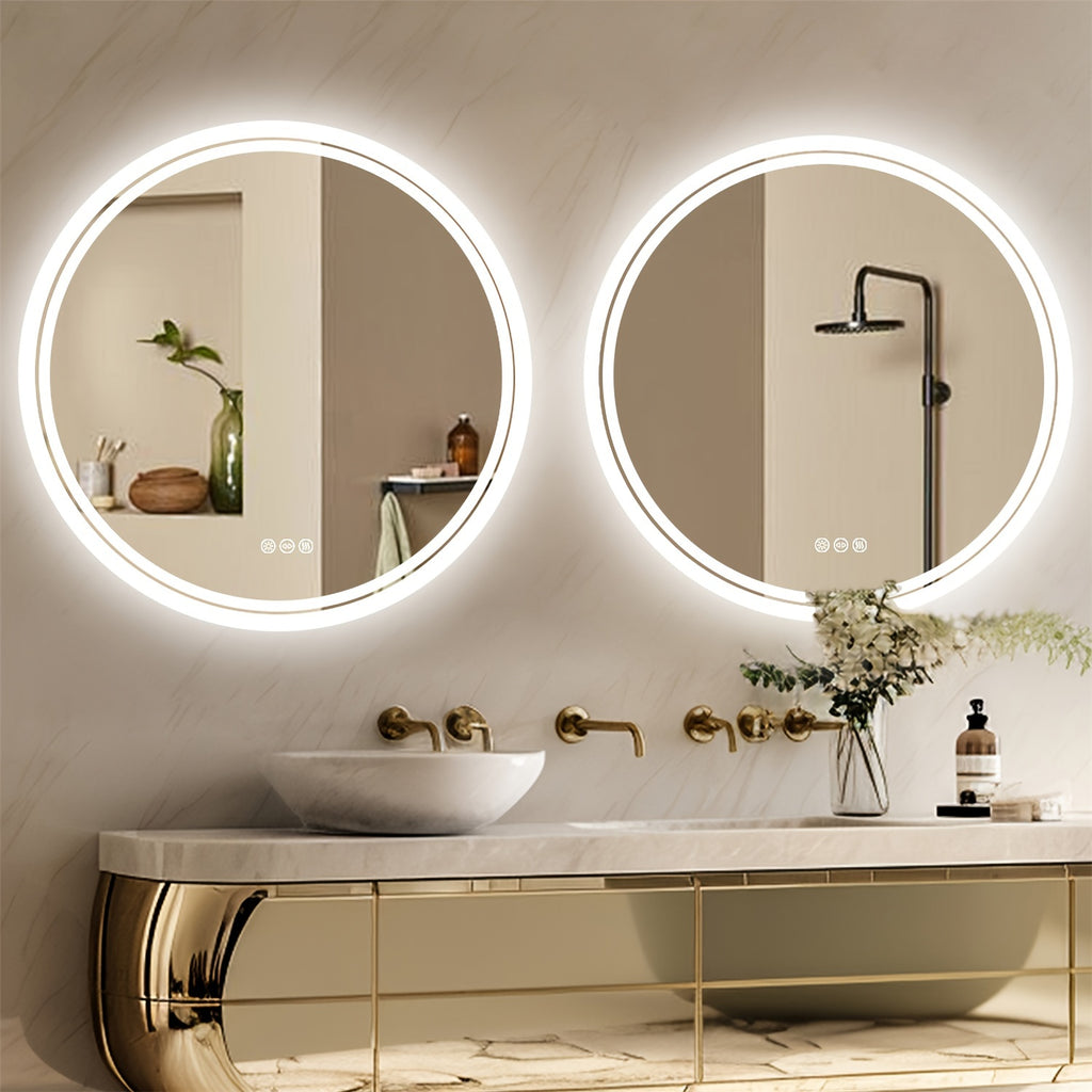 Espelho Redondo de Banheiro com Iluminação LED – Antienbaçamento, 3 Tonalidades de Luz, Memória e Desembaçador Integrado