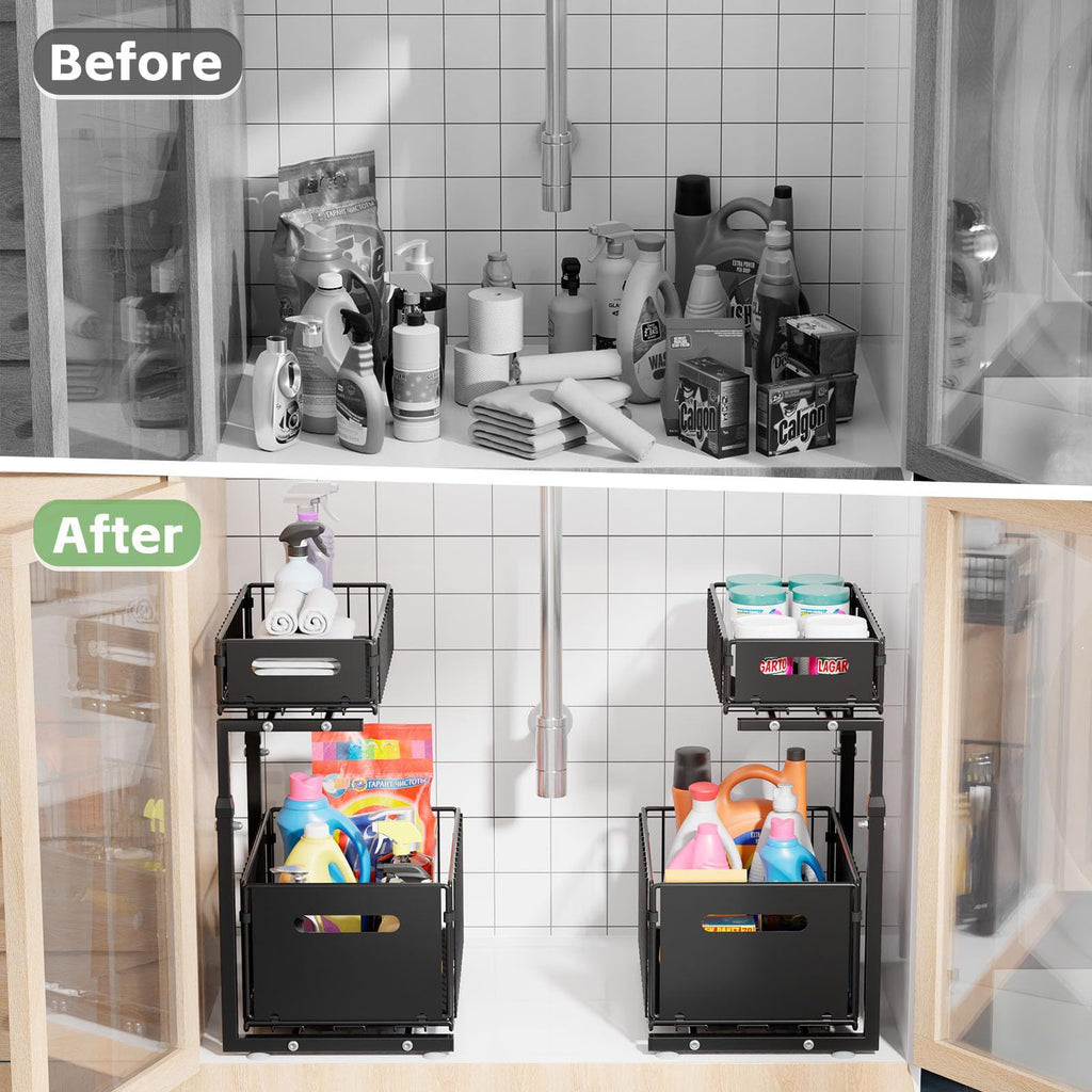 Organizador Deslizante de 2 Níveis para Armários – Aço Carbono Ajustável, Sistema Pull-Out