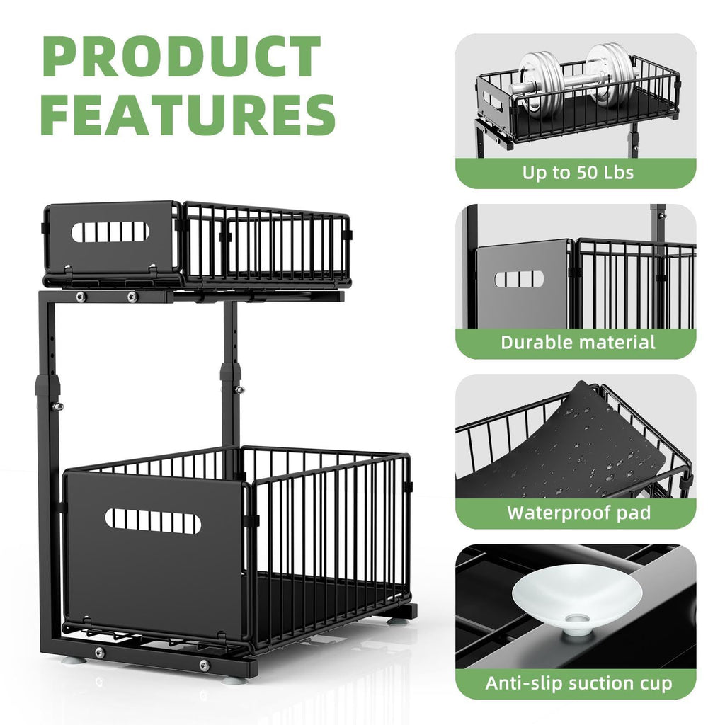 Organizador Deslizante de 2 Níveis para Armários – Aço Carbono Ajustável, Sistema Pull-Out