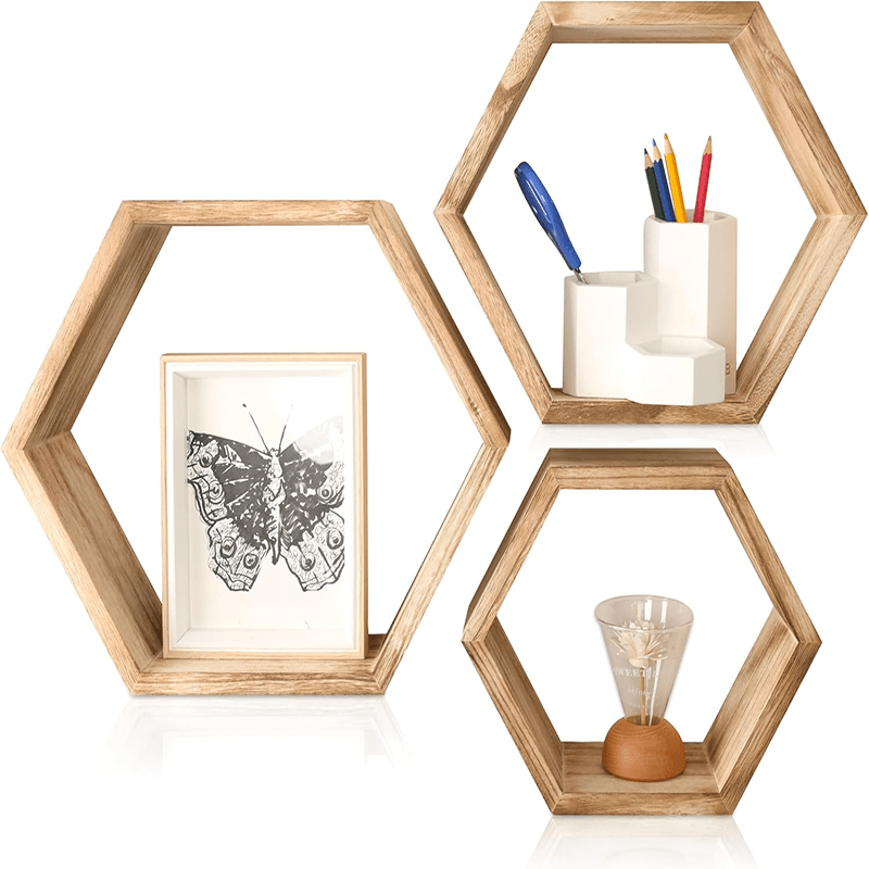 Conjunto de 3 Prateleiras Hexagonais de Parede em Madeira – Estilo Glam para Sala e Decoração Moderna