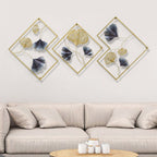 Tríptico de Arte Mural em Metal Folhas Ginkgo Dourado e Azul - 164 cm
