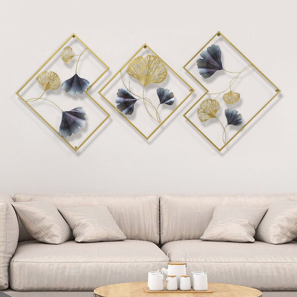 Tríptico de Arte Mural em Metal Folhas Ginkgo Dourado e Azul - 164 cm
