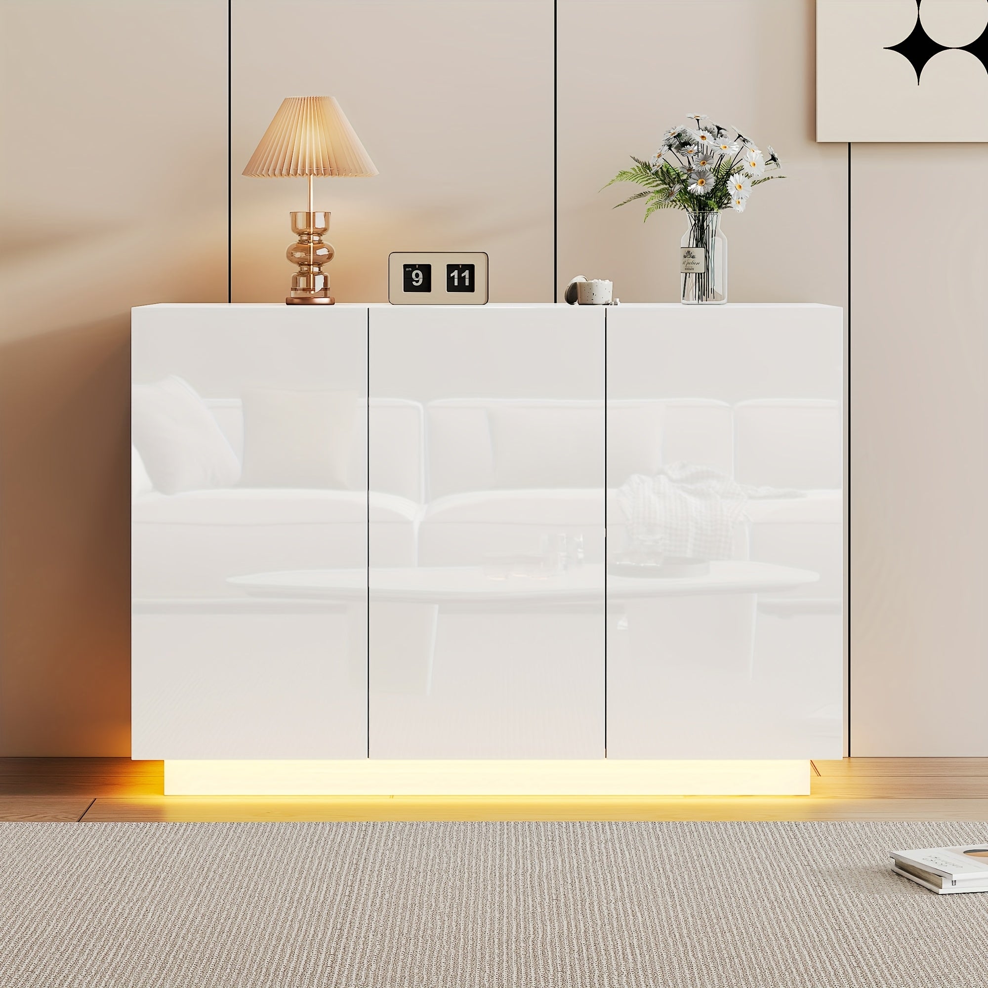 Aparador Moderno Branco Alto Brilho com Gavetas Múltiplas – Móvel de Arrumação 120×40×75 cm