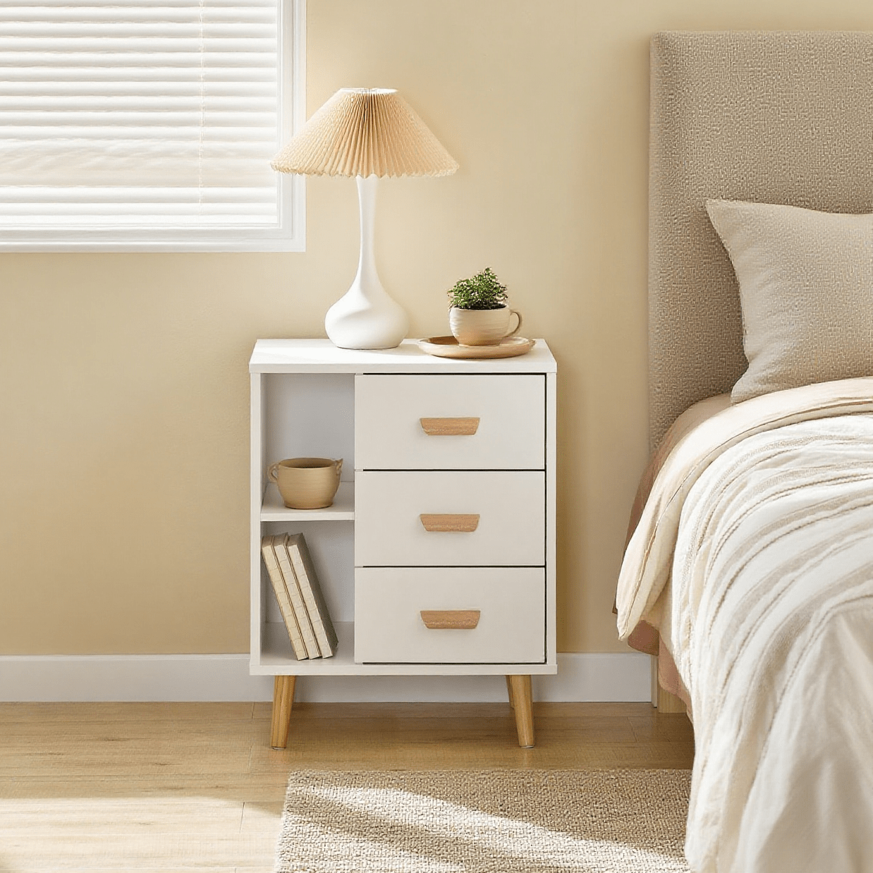 Mesa-de-Cabeceira com 3 Gavetas e 2 Nichos Abertos – Mesa Lateral para Quarto e Sala 48×60×40 cm