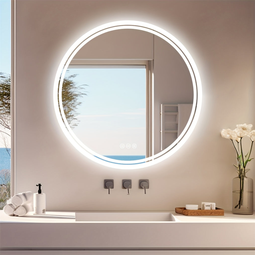 Espelho Redondo de Banheiro com Iluminação LED – Antienbaçamento, 3 Tonalidades de Luz, Memória e Desembaçador Integrado