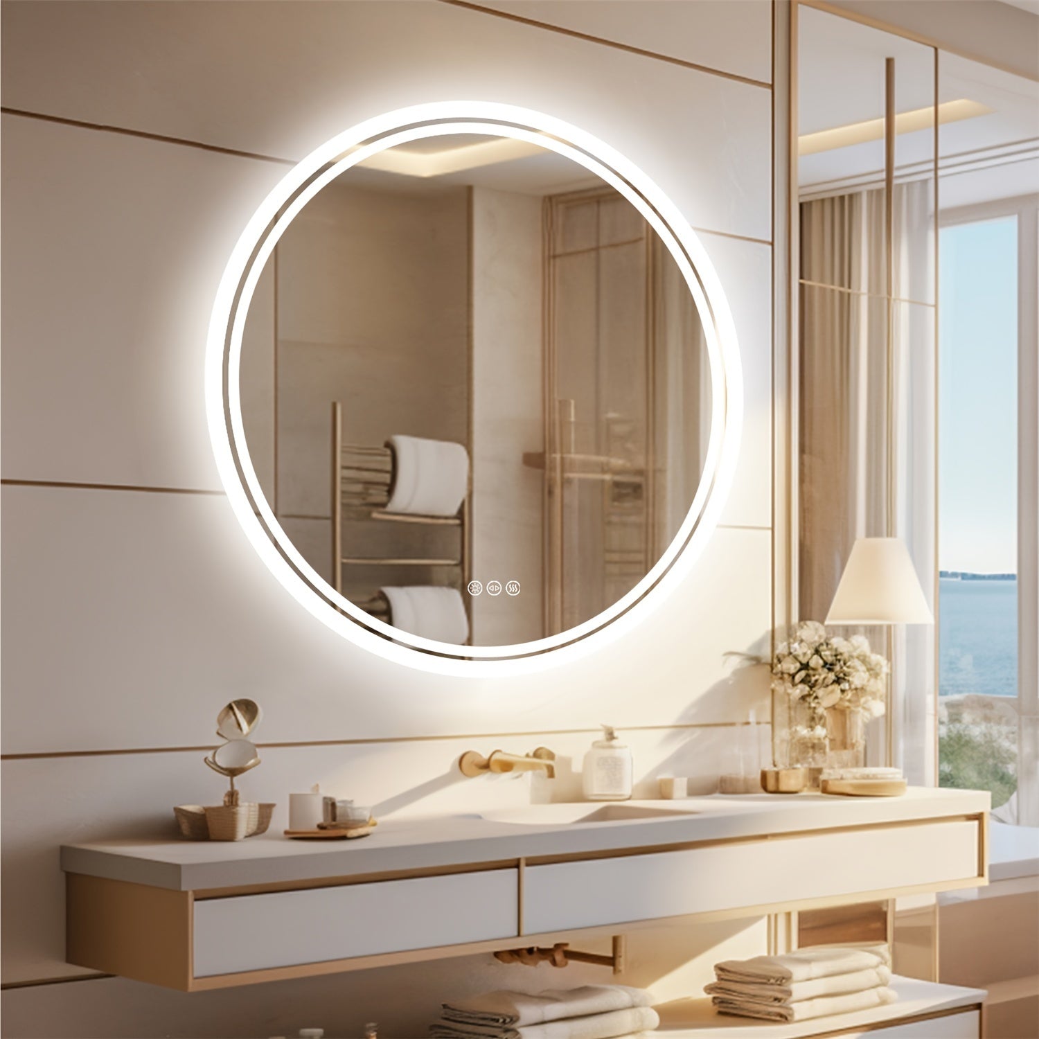 Espelho Redondo de Banheiro com Iluminação LED – Antienbaçamento, 3 Tonalidades de Luz, Memória e Desembaçador Integrado