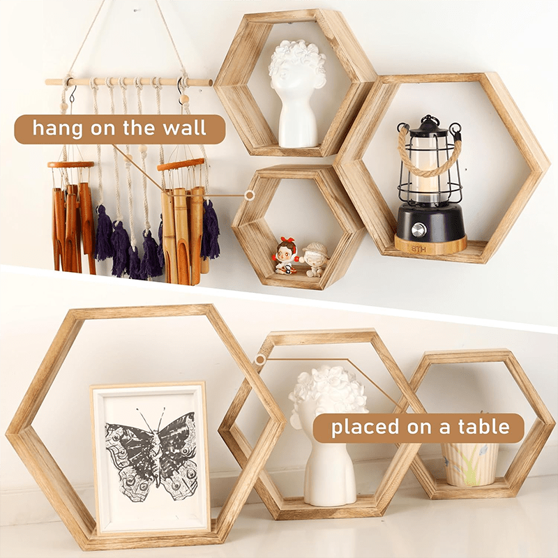 Conjunto de 3 Prateleiras Hexagonais de Parede em Madeira – Estilo Glam para Sala e Decoração Moderna