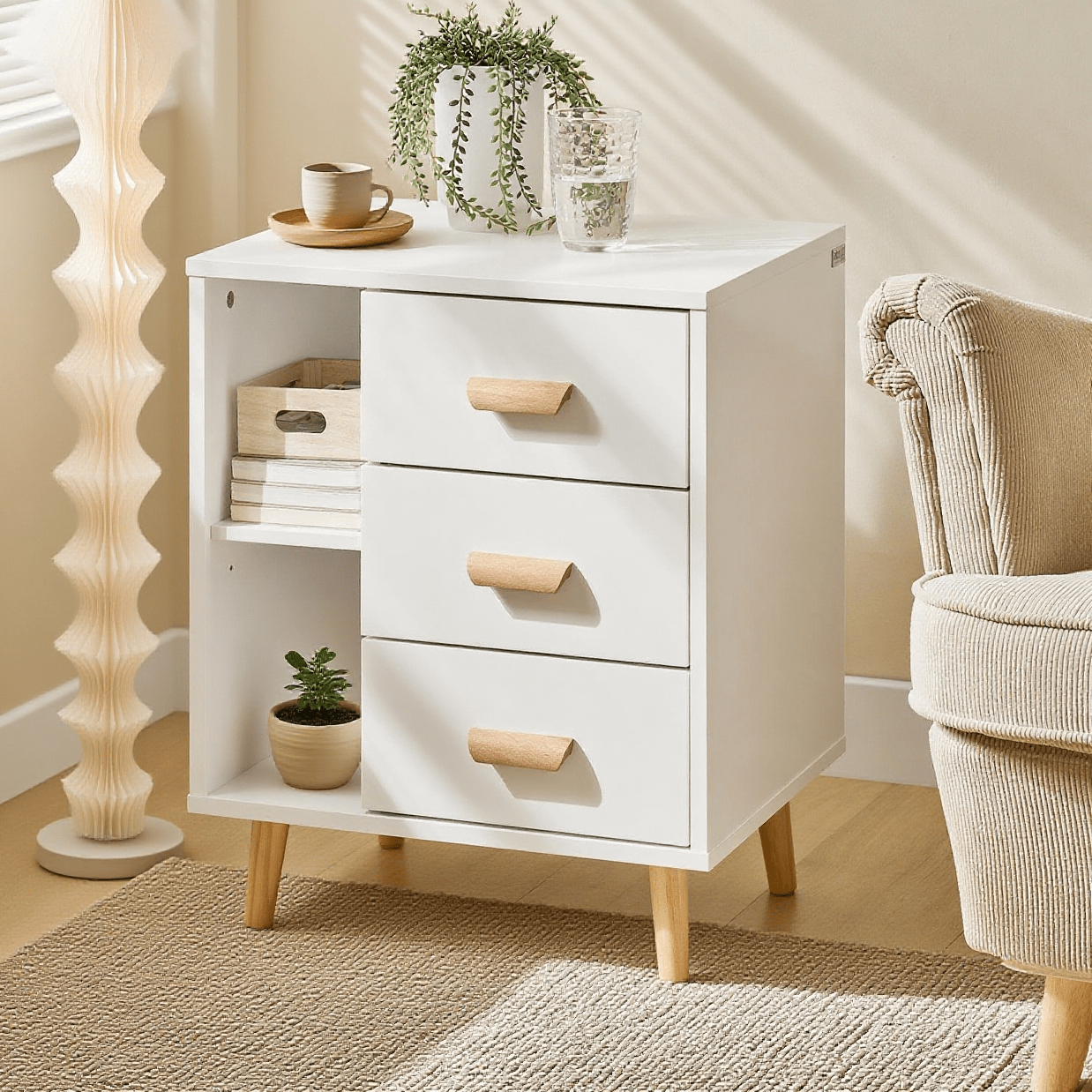 Mesa-de-Cabeceira com 3 Gavetas e 2 Nichos Abertos – Mesa Lateral para Quarto e Sala 48×60×40 cm