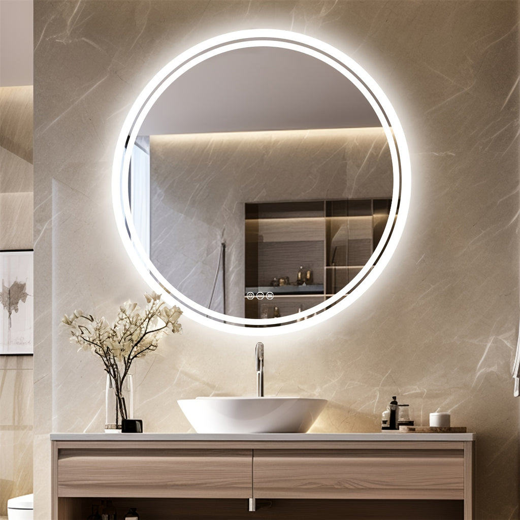 Espelho Redondo de Banheiro com Iluminação LED – Antienbaçamento, 3 Tonalidades de Luz, Memória e Desembaçador Integrado