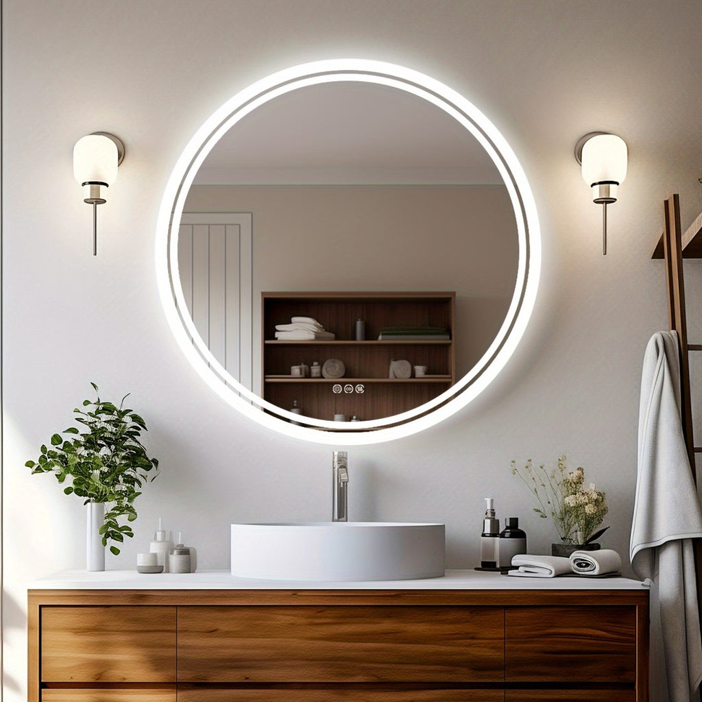 Espelho Redondo de Banheiro com Iluminação LED – Antienbaçamento, 3 Tonalidades de Luz, Memória e Desembaçador Integrado