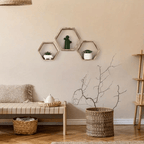 Conjunto de 3 Prateleiras Hexagonais de Parede em Madeira – Estilo Glam para Sala e Decoração Moderna