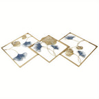 Tríptico de Arte Mural em Metal Folhas Ginkgo Dourado e Azul - 164 cm