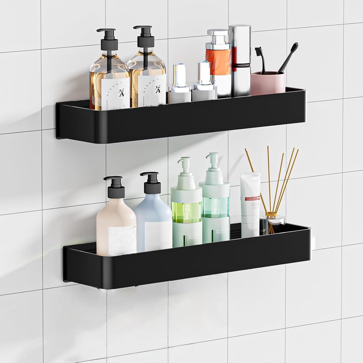 Conjunto Organizador Casa De Banho 2 Prateleiras de Duche Pretas – Alumínio Space, Sem Perfuração, Montagem na Parede